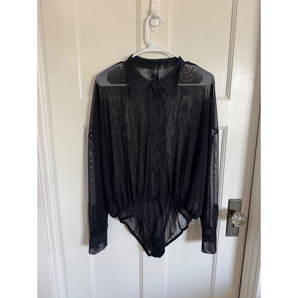 Norma Kamali black mesh long sleeve sheer bodysuit size medium